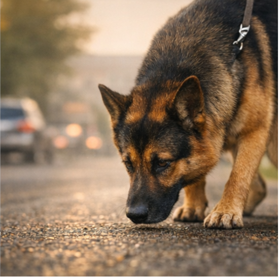 Hund auf Asphalt