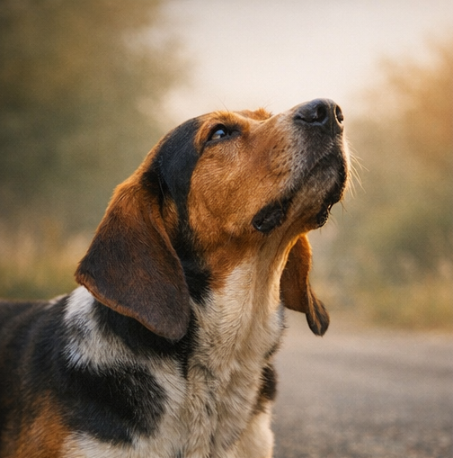 Hund am trailen in der Wiese, mit hoher Nase